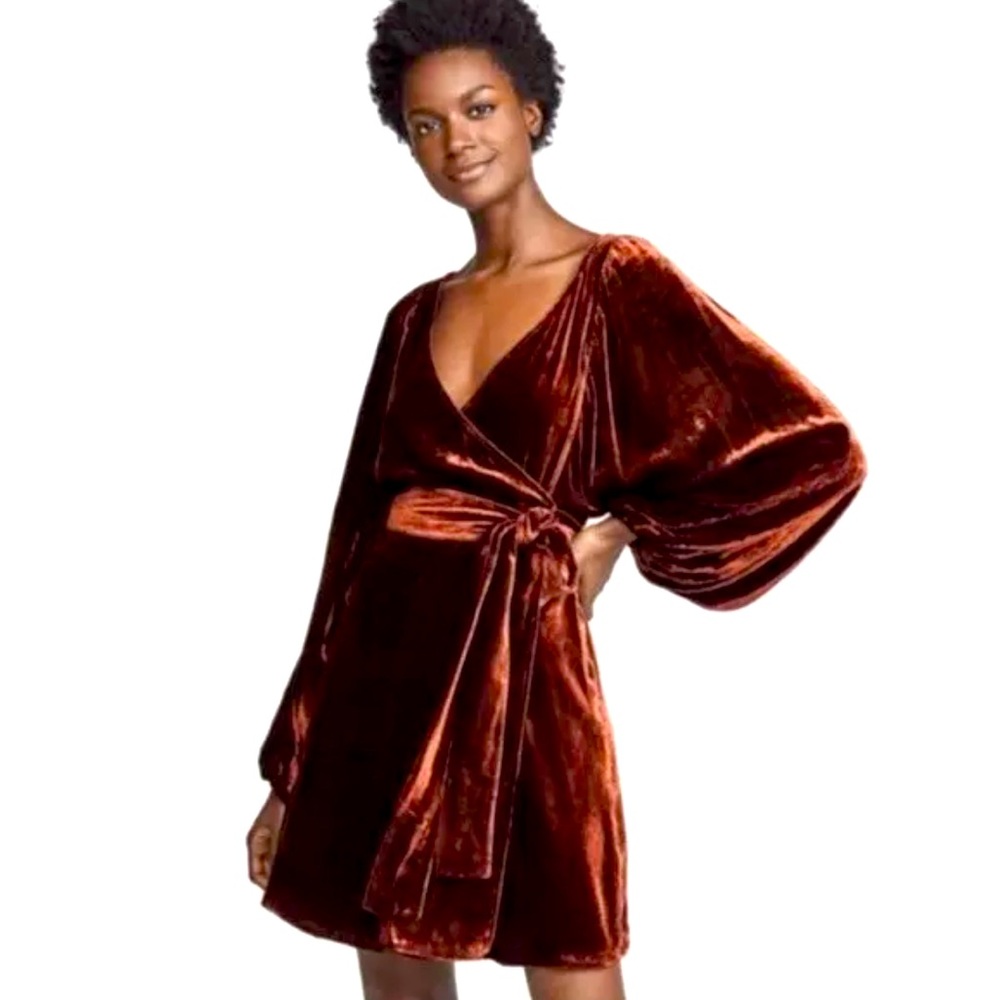 A.L.C. Womens Carlo Cognac Rust Velvet Long Sleeve Wrap Mini Dress
